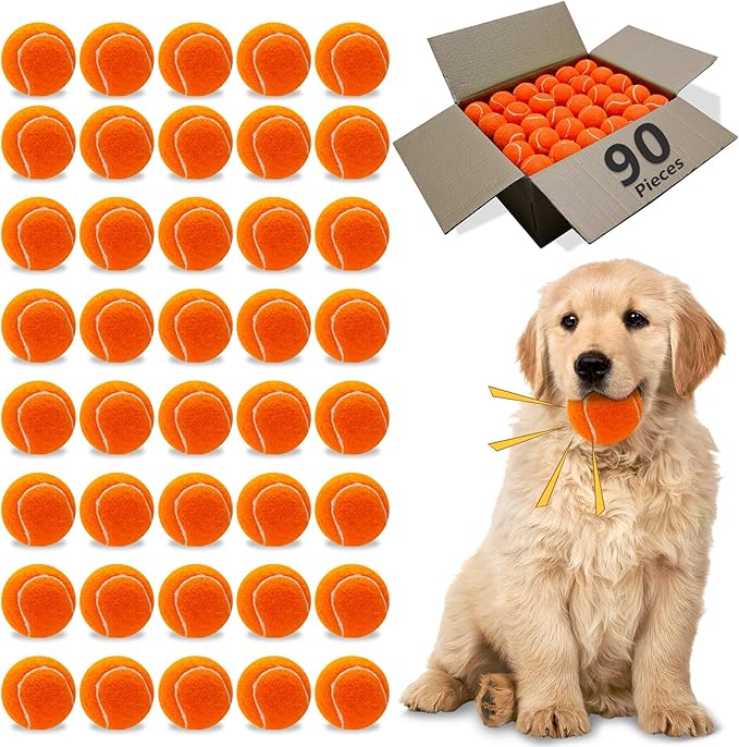 Magicorange Dog Tennis Balls,90 Pack 2.5 inch Floatable Squeaky Tennis Balls for Fetch Exercise, Natural Rubber Squeaky Dog Ball Training Safe (Orange, 2.5inch)