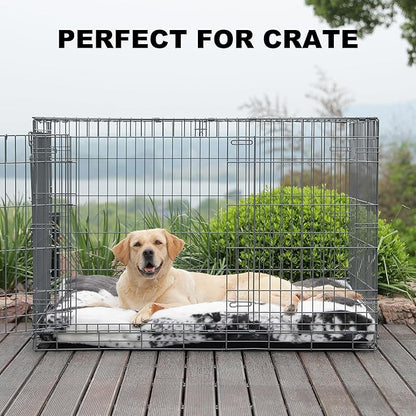 Bedfolks Waterproof Kennel Pad,Plush Dog Crate Bed with Removable, Washable Faux Fur Cover for Extra Large Dogs, Fluffy - 41"x27", Black-White Cowhide
