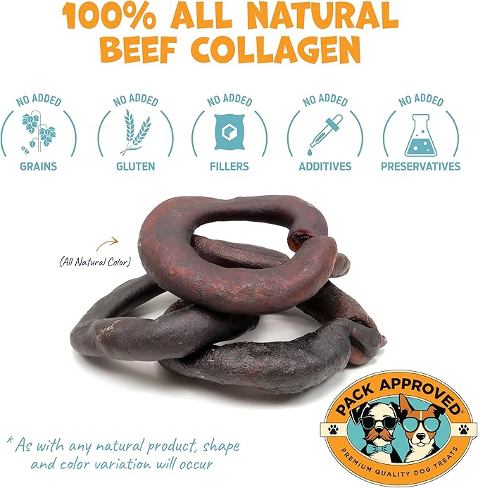 Beef Collagen Chews - Rawhide Free, Long Lasting - 100% Beef Corium, Single Ingredient Dog Treat - Puppy Teething Rings, Natural - 3.5" Rings, Pack of 8