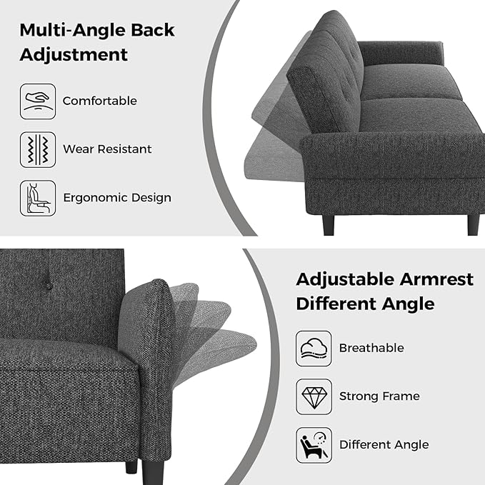 89” Futon Sofa Bed,Comfy Futon Couch Bed with 2 Square Pillows,Convertible Sleeper Sofa with Adjustable Backrest& Armrests, Modern Loveseat Sleeper for Living Room, Bedroom, Linen Dark Gray