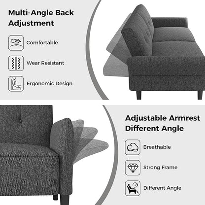 89” Futon Sofa Bed,Comfy Futon Couch Bed with 2 Square Pillows,Convertible Sleeper Sofa with Adjustable Backrest& Armrests, Modern Loveseat Sleeper for Living Room, Bedroom, Linen Dark Gray