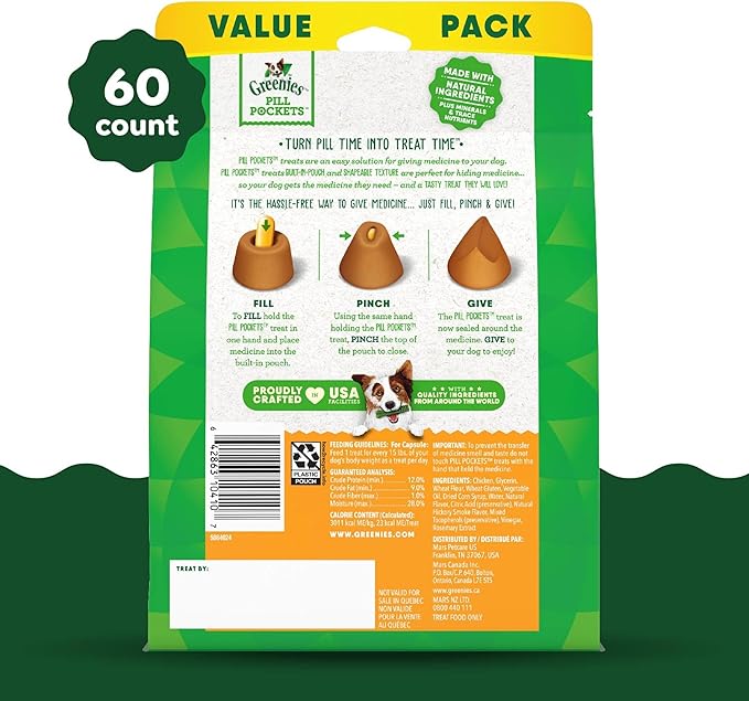 Greenies Pill Pockets for Dogs Large Size, Soft Dog Treats, Chicken Flavor, 15.8 oz. Pouch (60 Treats)