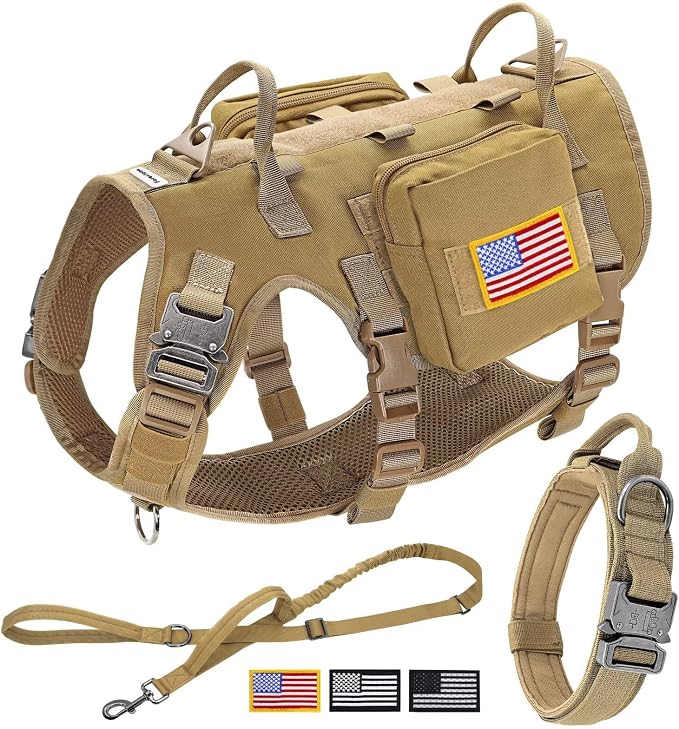 Forestpaw Tactical Dog Harness for Large Dogs,Tactical Dog Collar with Bungee Leash Set,No Pull Military Dog Harness for Walking Training,Adjustable for Medium Large Dogs,Khaki,Chest 27-40"