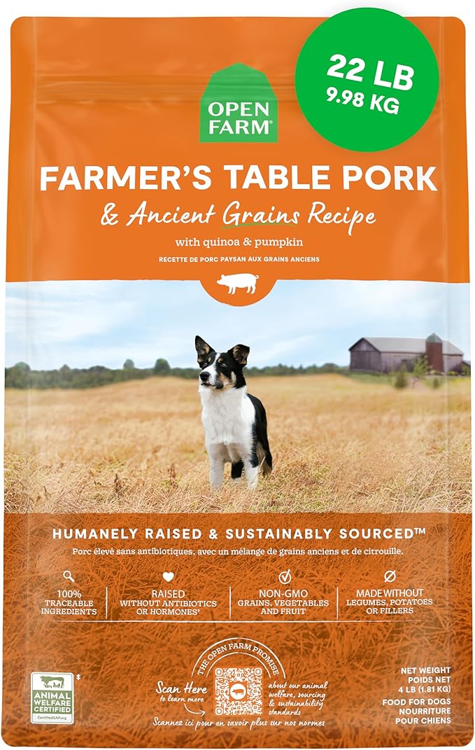Open Farm, Ancient Grains Dry Dog Food, Protein-Rich & Nutrient Dense, 90% Animal Protein Mixed with Non-GMO Fruits, Veggies and Superfoods, Farmer's Table Pork Recipe, 22lb Bag