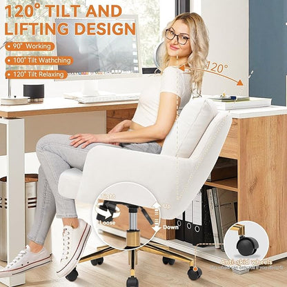 BALIAA Flannel Office Chair Vanity Chair Comfy Home Office Desk Chairs with Lumbar Support, Modern Plush Fabric Desk Gold Legs Swivel Task for Home Office Bedroom Study White Upgraded Version