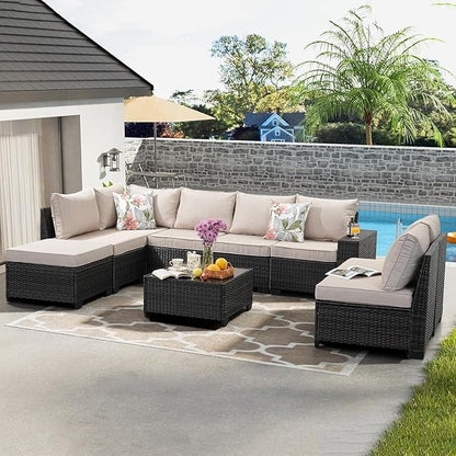 SunloungeCo 9 Pieces Outdoor Patio Furniture Set, Wicker Conversation Sets with Tea Table, Rattan Patio Sofa with Thick Cushions for Garden, Backyard Porch, Poolside,Beige