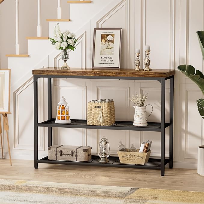 47" Console Table with Storage, 3-Tier Narrow Entryway Table, Sofa Table with Mesh Shelves, Console Tables for Living Room, Bedroom, Hallway, Entryway, Foyer, Rustic Brown