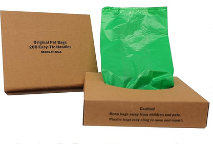 200 Black Easy Open & Easy-tie Handle 15" Strong Leak- Proof Poop Bags, Dog Waste Bags Made in USA (not on rolls) (Green)