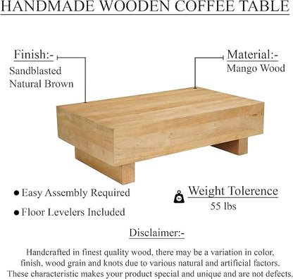 TUP THE URBAN PORT Elias Coffee Table | 42" Rectangular Top | Sandblasted Natural Brown Mango Wood | Wood Sustainably Harvested