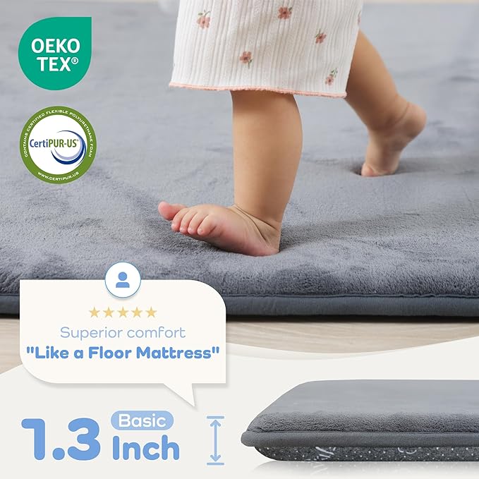PAPAMAT 1.3" Thick Baby Floor Play Mat 71x79, Basic Padded Foam Mat for Tummy Time Crawling, Non Slip Cushioned for Babies Toddlers Infants Kids (Dark Grey)