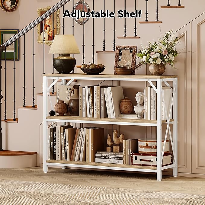 Homeiju Entry Table 40" Width, 3-Tier Entryway Table with Storage, Industrial Sofa Table with Open Shelves, Foyer Tables for Entryway, Hallway, Kitchen, Living Room and Bedroom, Light Coffee