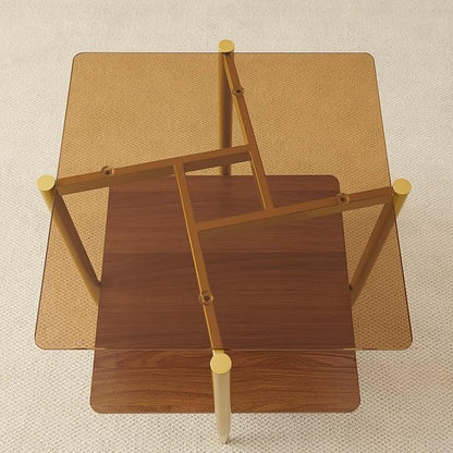 Pine Flicker Square Glass End Table, Mid-Century Modern Sofa Table, L20*W20*H23 inch for Living Room, 2-Tier Structure, Amber Glass Top and Walnut MDF Shelf, Sleek Conical Metal Legs with Gold Finish