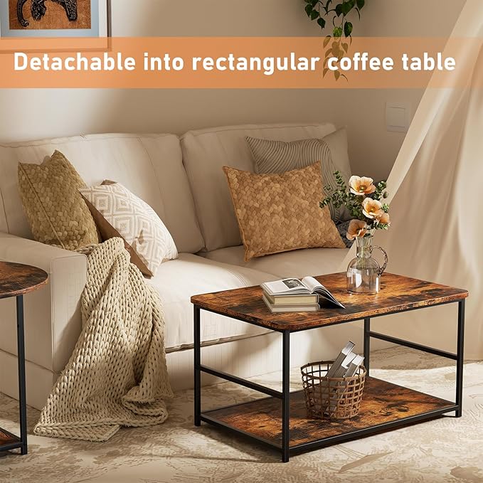 WOHOMO Coffee Table, Mid Century Modern Coffee Table for Living Room Rustic Farmhouse Center Table 2 in 1 Detachable Nesting Table Set, Brown