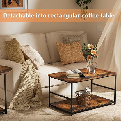 WOHOMO Coffee Table, Mid Century Modern Coffee Table for Living Room Rustic Farmhouse Center Table 2 in 1 Detachable Nesting Table Set, Brown