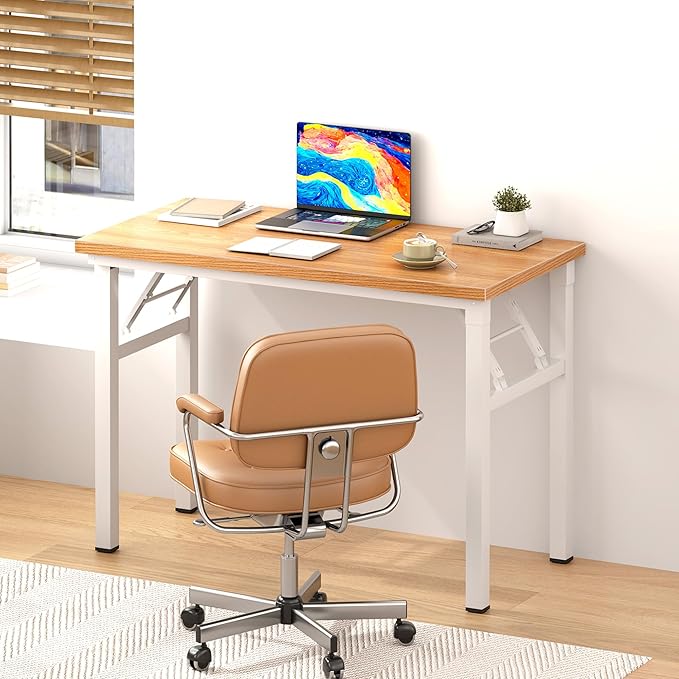 DlandHome Folding Desk Small Desk 31.5 inches Computer Desk for Home Office Folding Table Writing Table for Small Spaces No Assembly Required Teak & White Frame