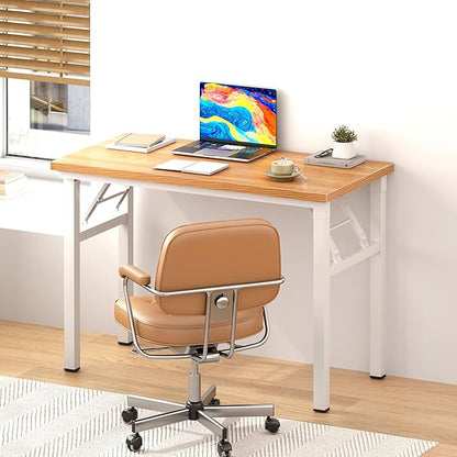 DlandHome Folding Desk Small Desk 31.5 inches Computer Desk for Home Office Folding Table Writing Table for Small Spaces No Assembly Required Teak & White Frame