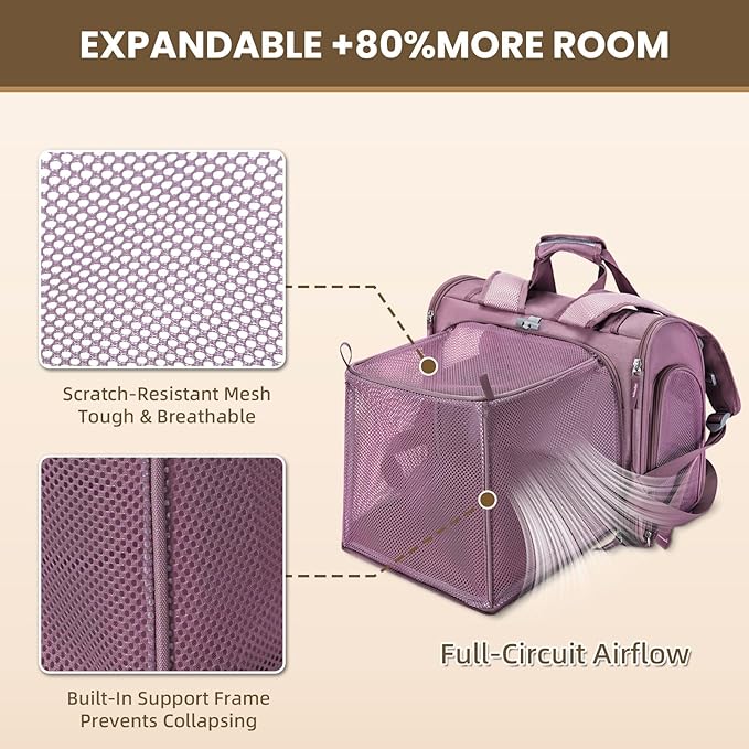 Expandable Cat Carrier Backpack for Large Cats - Airline Approved Pet Carrier Backpack for Small Dogs, Hiking & Travel, Waterproof with Breathable Mesh, 14lbs Capacity (Plum, Standard)