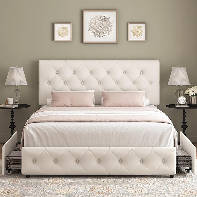 Keyluv Modern Upholstered Bed Frame with 4 Drawers, Button Tufted Headboard Design, Solid Wooden Slat Support, Easy Assembly, Fabric, Beige, Full Size