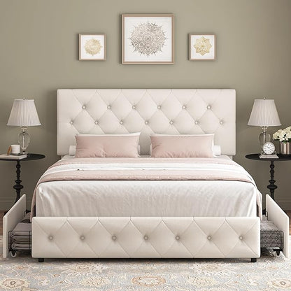 Keyluv Modern Upholstered Bed Frame with 4 Drawers, Button Tufted Headboard Design, Solid Wooden Slat Support, Easy Assembly, Fabric, Beige, Full Size