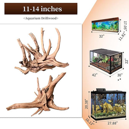 majoywoo Natural Large Driftwood for Aquarium Decor Reptile Decor, Assorted Spider Wood Branch 11-14" 2 Pcs, Fish Tank Decoration