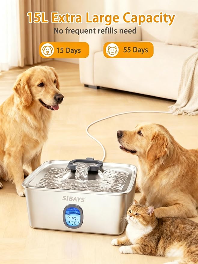 SIBAYS 4Gal/15L Large Dog Water Fountain, Stainless Steel Pet Fountain with Water Window & LED Light, Ultra Quiet Automatic Dog Water Bowl Dispenser for Large Dogs & Multi-pet, Easy to Clean FS76