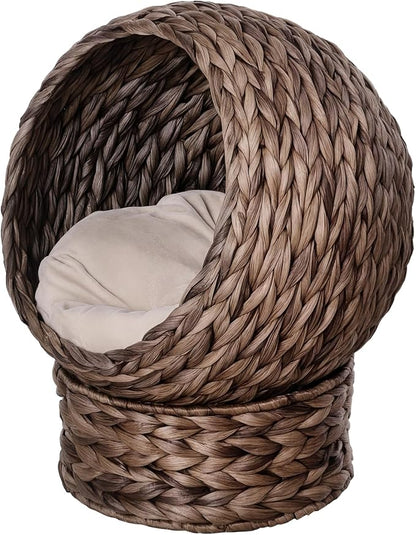 PawHut Handwoven Elevated Cat Bed with Soft Cushion & Egg Chair Shape, Basket Kitty House with Stand, Raised Wicker Cat Bed for Indoor Cats, 23.5" H, Gray | Soft Cushion, Basket Bed Kitty House with Stand, Raised Wicker House