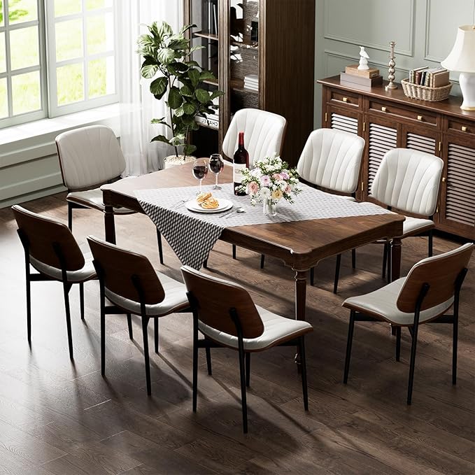 YaFiti Dining Chairs Set of 8, Dining Room and Kitchen Chairs, Mid Century Modern Accent Chair, Upholstered PU Leather Chairs for Vanity with Walnut Bentwood and Metal Legs, Beige