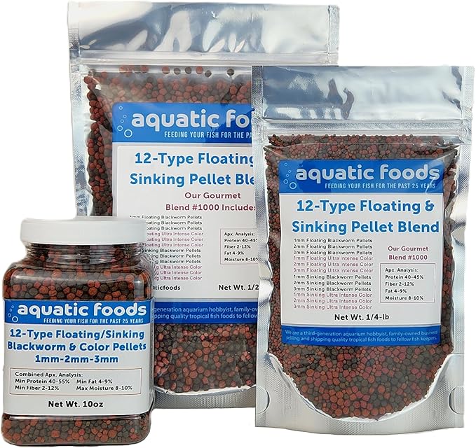 Aquatic Foods Inc. 12-Type Ultra Mix of 1mm, 2mm, 3mm Floating & Sinking California Blackworm and Intense Coloring Pellets for All Tropical Fish & Pond Fish...1/2-lb Bag