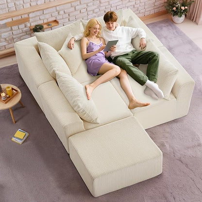 Oversize 131” Boneless Couch for Living Room, Comfort L Shaped Cloud Couch Sectional, Extra Deep Seats Corduroy Modular Sectional Sofa No Assembly,Beige