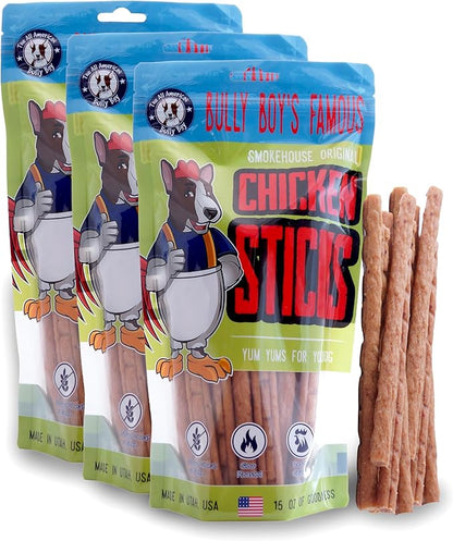 Bully Boy's Famous Chicken Sticks Dog Treats | Free from Wheat, Corn, Soy, or Gluten | USA Sourced Ingredients | with Smokehouse Chicken | Made in Utah | 15 oz - 3 Pack