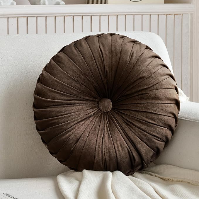 Teieas Round Throw Pillow Velvet Home Decoration Pleated Round Pillow Cushion for Couch Chair Bed Car (Brown)
