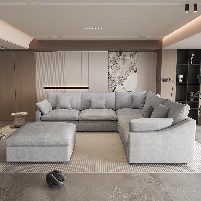 Could Couch Modular Sectional Sofa with Ottoman,Down Filled 120inch V Shaped Couch,Convertible Sofa Bed Living Room Set,6 Seat Sleeper Couched Bed, Cover Washable and Replaceable,Gray