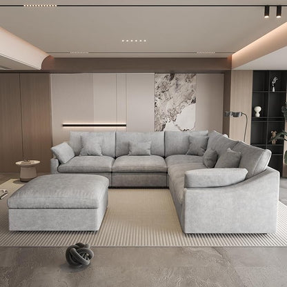 Could Couch Modular Sectional Sofa with Ottoman,Down Filled 120inch V Shaped Couch,Convertible Sofa Bed Living Room Set,6 Seat Sleeper Couched Bed, Cover Washable and Replaceable,Gray