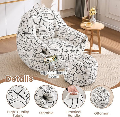 Peace nest Bean Bag Chair with Memory Foam Filled Ultra Soft Jacquard Pattern Cover for Adults Comfy Fur Bean Bag Chairs with Armrests Ottoman for Bedroom Living Room Office Dorm Reading Lines