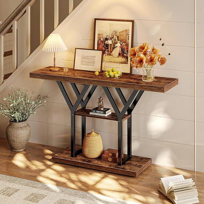 Huuger 47.2 Inch Entryway Table, Industrial Console Sofa Table, 3 Tier Accent Table, for Entry, Hallway, Entrance, Foyer, Y-Shaped Metal Base, Rustic Brown
