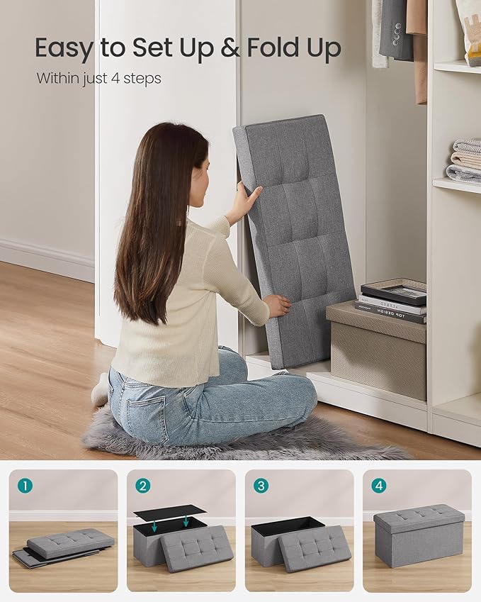 SONGMICS MAZIE Collection - 30 Inches Folding Storage Ottoman Bench, Ottoman Foot Rest, End of Bed Bench, Storage Chest, Load 660 lb, for Living Room, Bedroom, Entryway, Light Gray ULSF47G