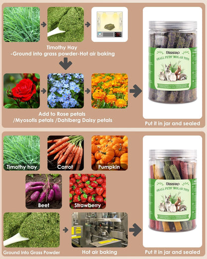 Bissap 72 PCS Rabbit Chew Sticks, Natural Timothy Hay Pumpkin Sugar Beet Carrot Strawberry Rose Dahlberg Daisy Forget-me-not Flower Treat for Bunny Chinchilla Guinea Pig Hamster Small Pet Molar Snack
