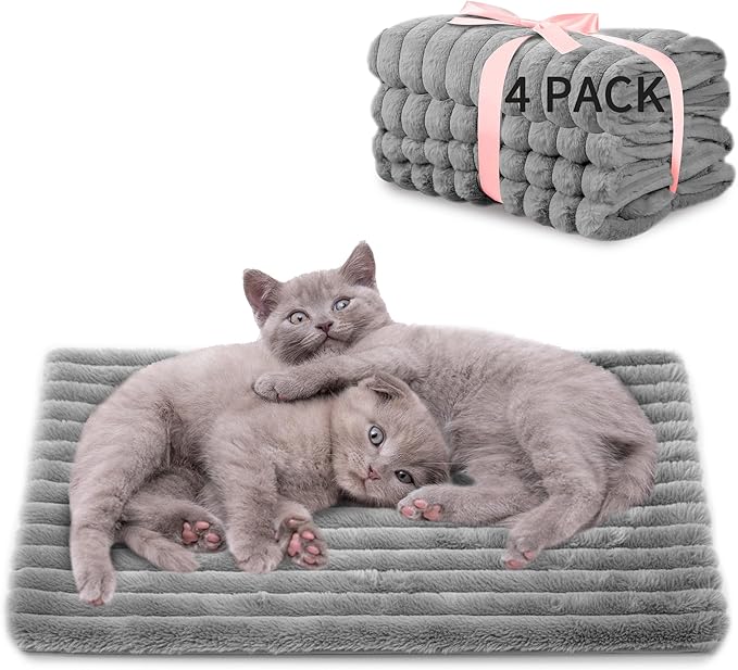 NWK Pack of 4 Fluffy Self Warming Cat Mat, Cat Blanket, Thermal Dog Mat, Washable, Non-Slip Bottom for Sofa & Crate & Kennel & Car Seat (Misty Gray, Medium (27'' X 18.5'' X 0.7''))