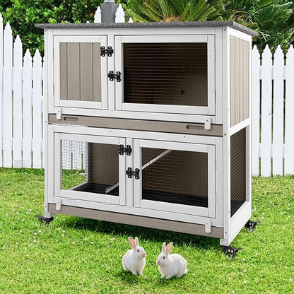 2 Story Rabbit Hutch Indoor & Outdoor, Wooden Rabbit Cage with 2 Leak-Proof Pull-Out Trays, 4 Wheels, Ramp, Chew-Anti Metal Strip for Rabbit, Guinea Pig, Hamster (36" L x 17.8" W x 36.7" H)