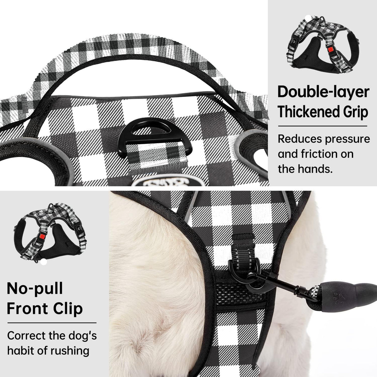 IVY&LANE No Pull Dog Harness with Leash Set, Reflective No Choke Pet Vest,Adjustable Oxford Dog Vest Harness with Easy Control Handle for Medium Lagre Dogs (Checkered Black,M)