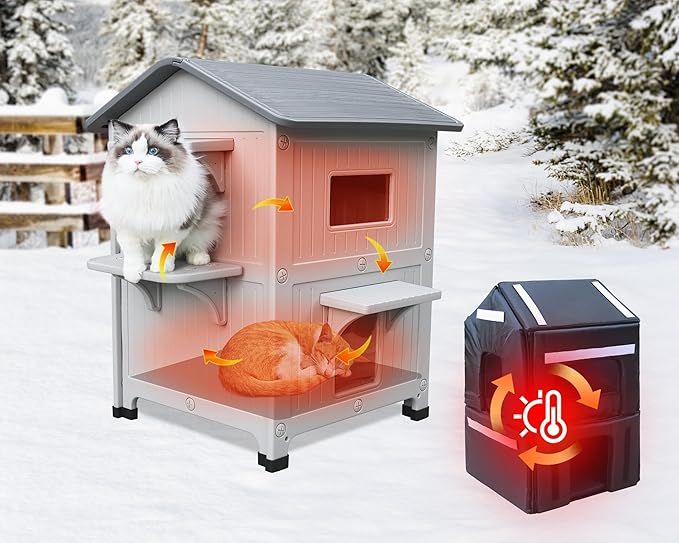 Rockever Plastic Outdoor Cat House with Insulated Liner, 100% Insulated Outdoor Cat Houses for Winter, Waterproof 2 Story Outside Cat Shelter, Clean and Assemble Easily-Grey