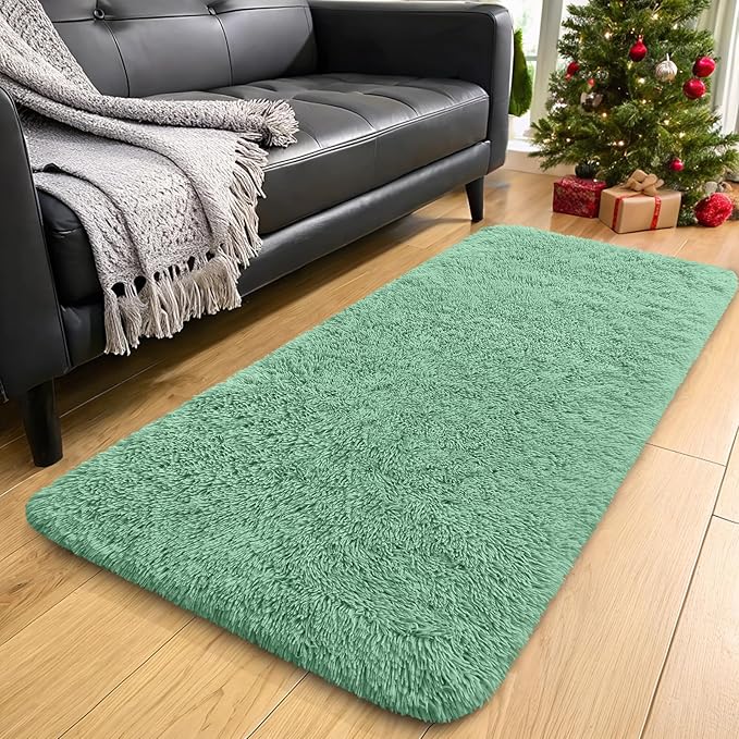 OLANLY 2x4 Machine Washable Runner Rugs for Hallway, Soft Fluffy Shaggy Bedside Rugs for Bedroom, Living Room, Indoor Floor Carpet for Kids Girls Boys, Nursery Rooms, Home Decor Aesthetic, Mint Green