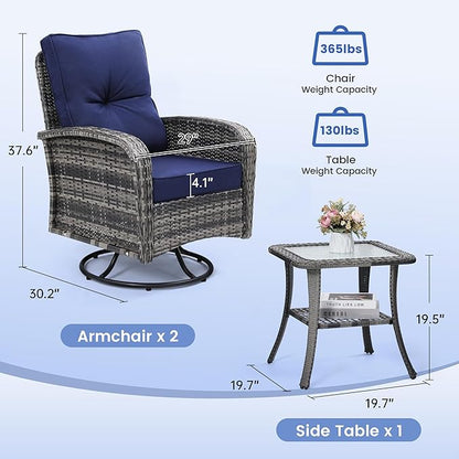 wildformers Luxury Outdoor Swivel Wicker Glider Patio Chairs with Table Set, Overstuffed Washable Cushions, Ideal for Porch, Balcony, Deck, Grey Rattan and Blue Cushion