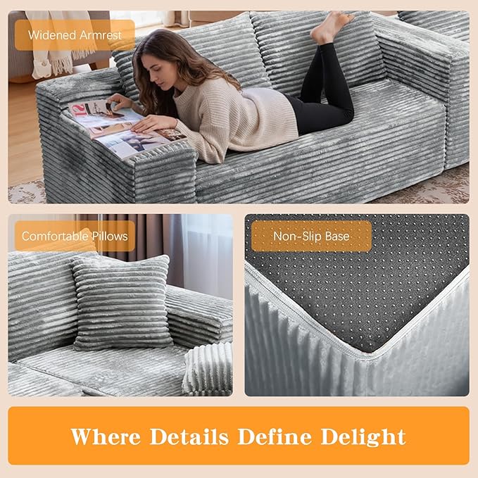 106''Boneless Couches for Living Room, L Shaped Modular Sectional Sofa with Chaise Lounge, Faux Rabbit Fur & Layered Cushion Deep Seat Cloud Couch, No Assembly (Grey, Right Facing Chaise)