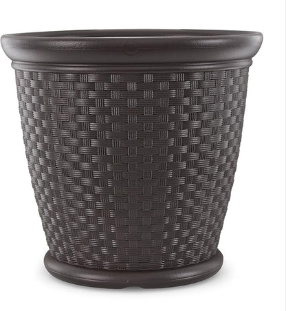 Suncast Sonora 4 Pack 22 Inch Plastic Wicker Indoor or Outdoor Decorative Garden Flower Planter for Entryways, Porch, and Backyard Patios, Dark Brown