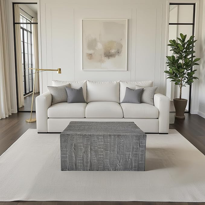 TUP THE URBAN PORT Rydan Coffee Table | 33 Inch Square Block Top | Sandblasted Gray Mango Wood
