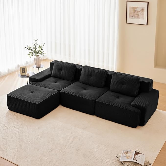 115.3'' Sectional Sofa, 32D Foam Corduroy Boneless Couch with Pillow, Deep Seat Wide Arm Sectional L Shaped Couch for Living Room, Apartment, Bedroom
