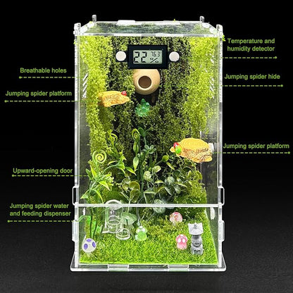 Jumping Spider Enclosure,DIY Insects Habitat,Small Reptile Terrarium Glass House Accessories Set,with Temperature and Humidity Detector Water Feeder Platform Hide,5.5“x5.5”x9.5“ (Forest)