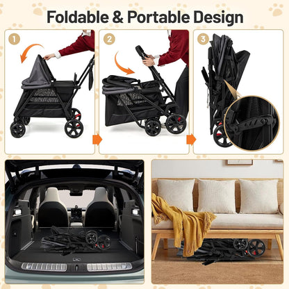 PETSITE 4 Wheels Dog Stroller, Foldable Cat Stroller with Dual Entries, Ramp, Mesh Windows, Adjustable and Detachable Canopy, and All-Terrain Wheels with Brake, Ideal for Small Medium Dogs