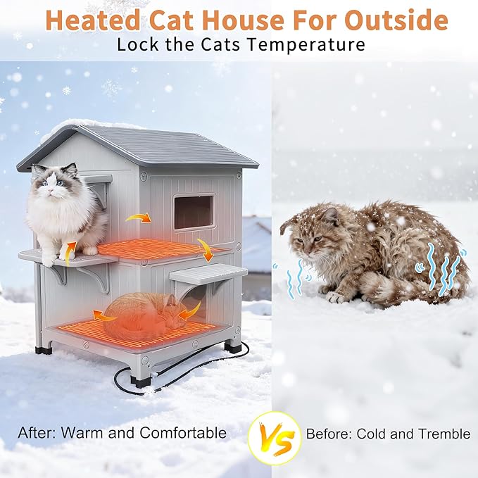Rockever 2 Story Heated Cat House for Outside in Winter, 100% Waterproof Heated Cat House for Outdoor Cats with Heating Pad, Elevated Outdoor Cat House, Safe Escape Door for Outdoor Cats
